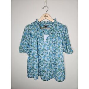 J. Crew Blouse L Blue Boho CottageCore Ruffle Trim Hyacinth Fields Coastal Top